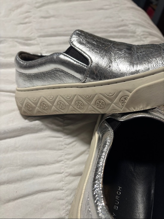Tory Burch Shoes - Tory Burch Metallic Silver Slip-On Platform Sneakers